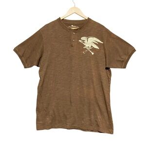 Parts Mens XL Brown Slub Henley Shirt Graphic Eagle Bones Biker Grunge Moto